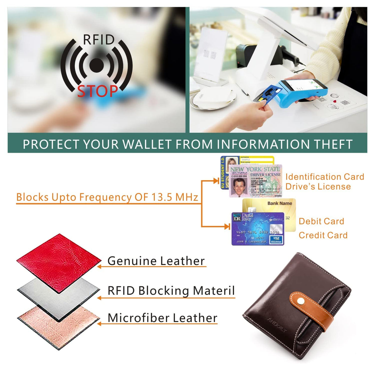 ANDOILT Wallets for Women Genuine Leather Small Bifold Wallet RFID Blocking Card Case Purse with ID Window Coin Pocket Coffee