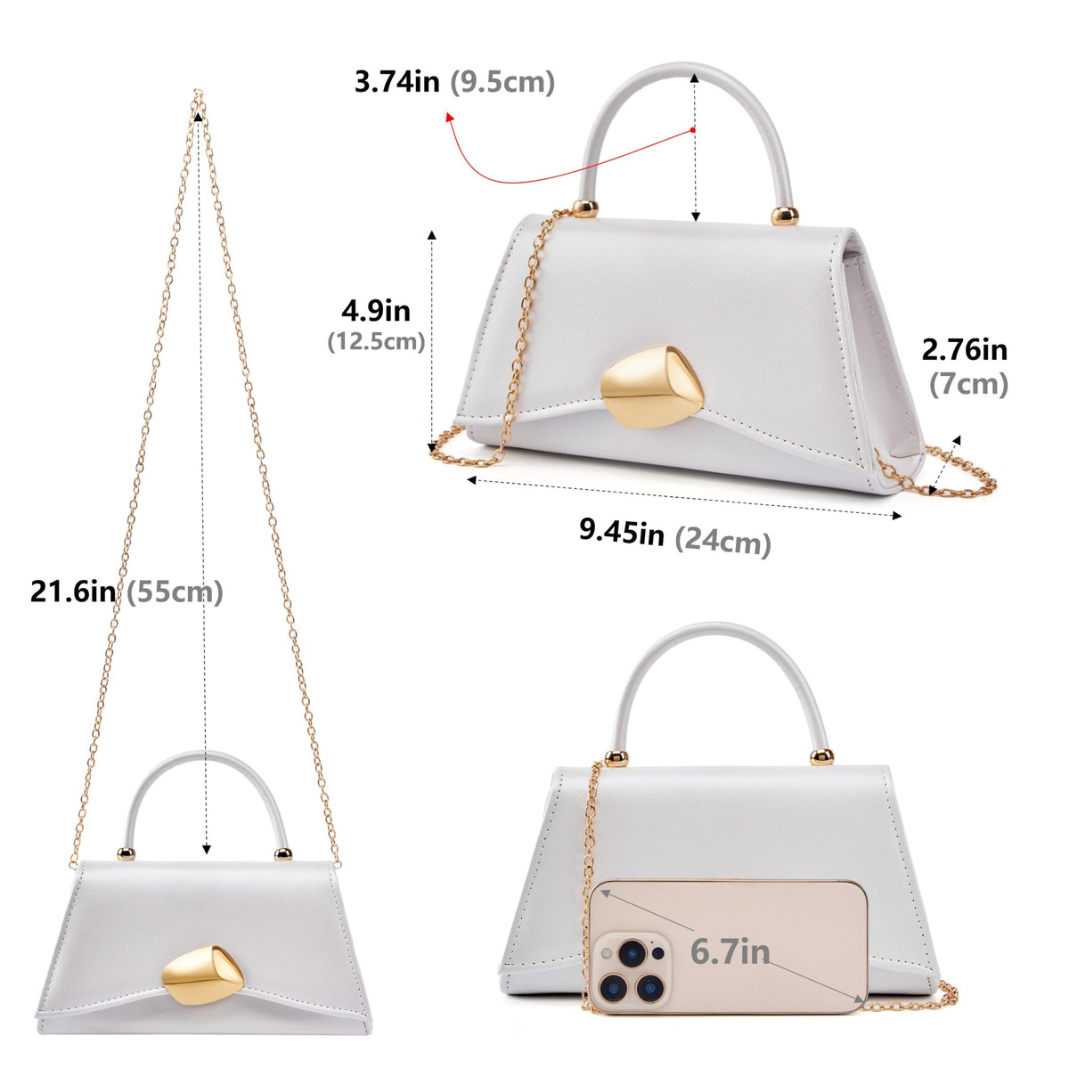 Gurina Designer Evening Handbag with Metal Handle, PU Leather Clutch Purse with Magnetic Buckle, Elegant Party Bag for Women (7OB White)