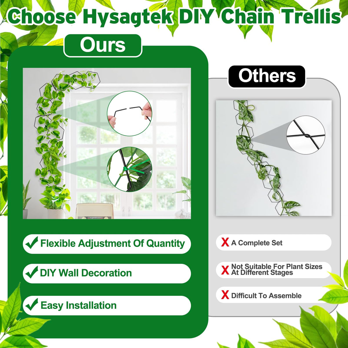 Hysagtek Chain Trellis for Climbing Plants Indoor & Outdoor, 18 Pcs Plant Trellis with Connect-Hooks, No-Trace Nails & Wire Ties, DIY House Plant Accessories for Monstera, Pothos, Ivy, Wisteria