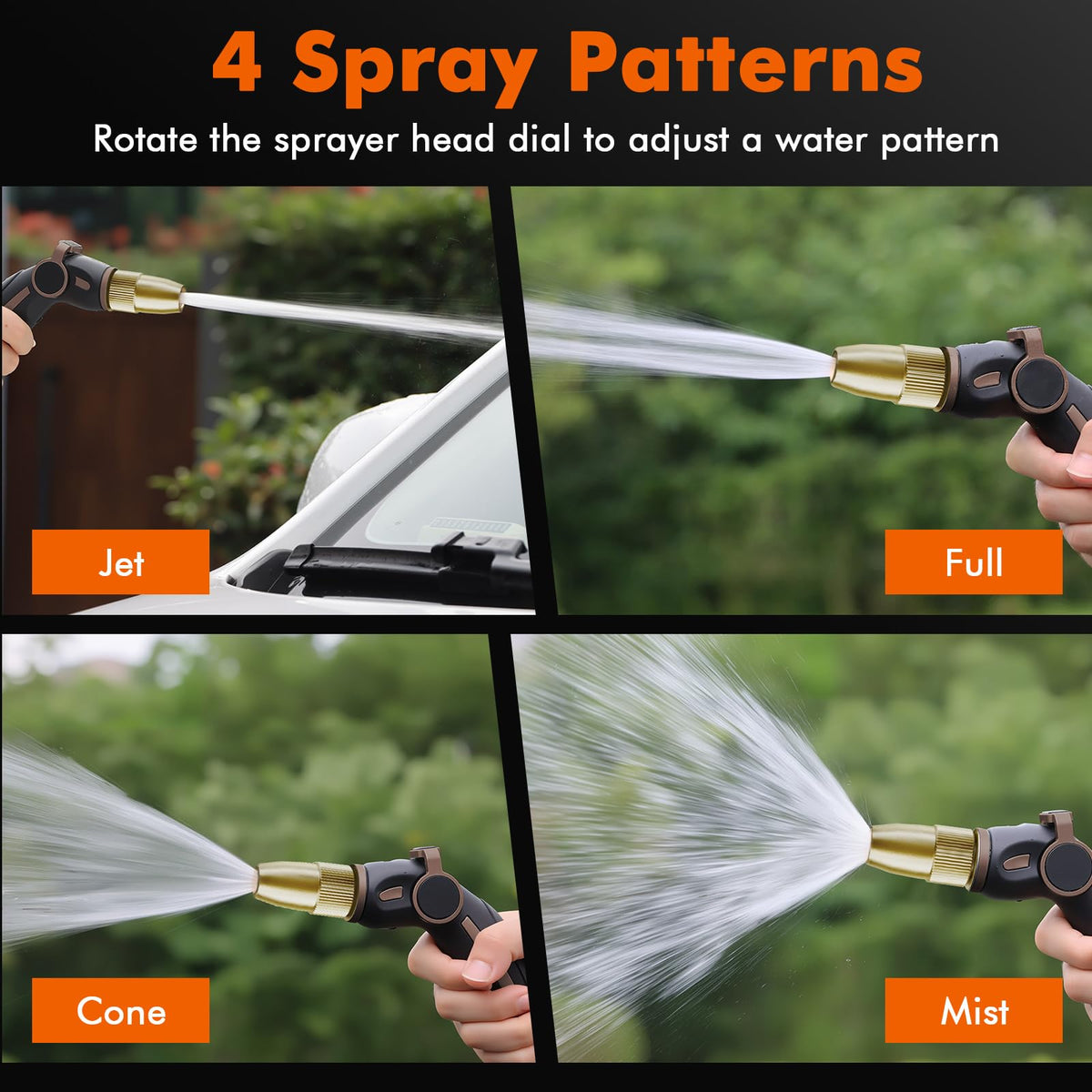 RESTMO High Pressure Hose Nozzle Sprayer, Heavy Duty Brass Head, Metal Water Hose Nozzle for Car Washing, Garden Cleaning, Lawn and Plant Watering, 4 Spray Patterns, Brown