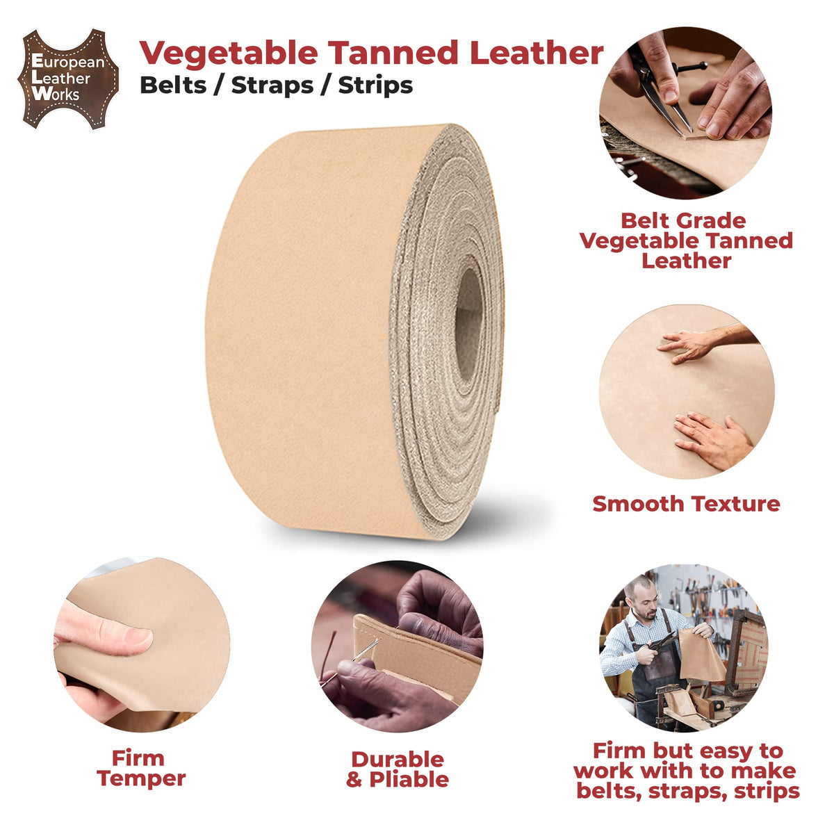 European Leather Works 11-12 oz. (4-4.8mm) Vegetable Tanned Leather Belt Blanks/Straps Size: 1-1/4"x60" (3.2x152.4cm) Full Grain Cowhide Tooling, Crafting, Knife Sheath, Furniture