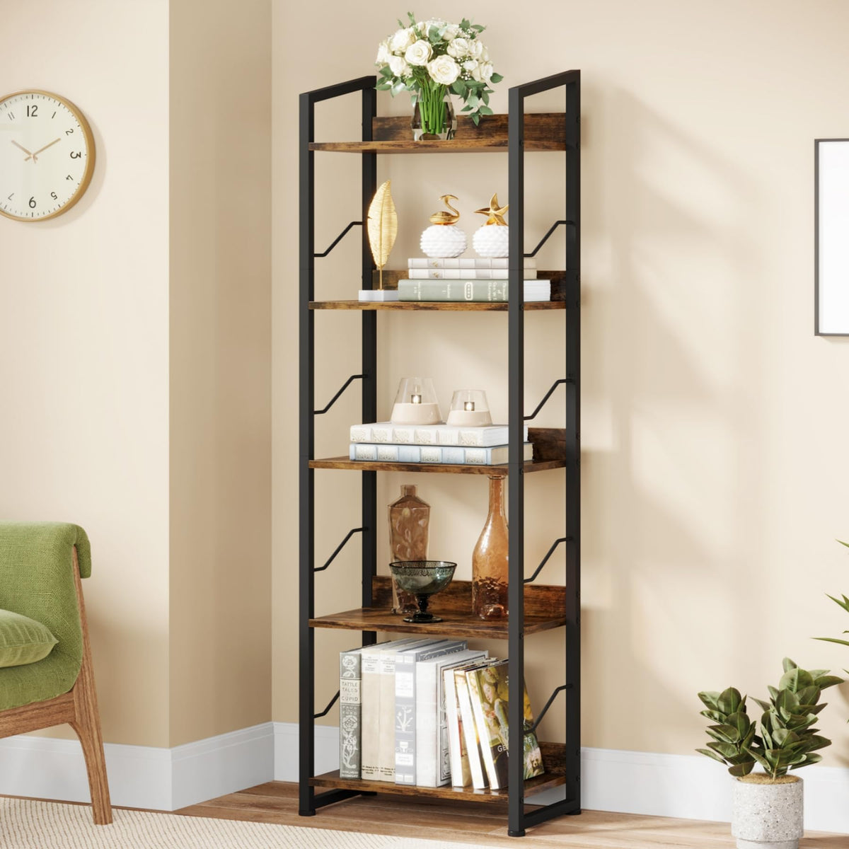 Hosfais 5 Tier Tall Bookshelf: Industrial Wood Book Shelf with Edge Protection Metal Narrow Bookshelf Bookcase Storage Organizer Display Rack for Living Room Home Office (Rustic Brown)