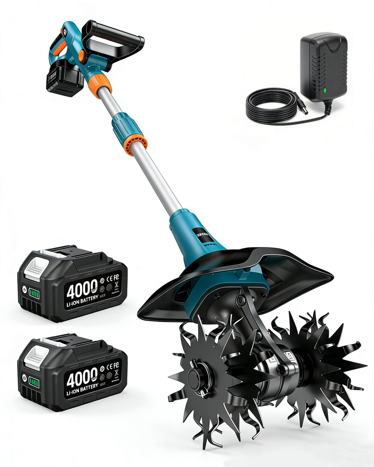 Seesii Cordless Tiller Cultivator, 20V Electric Tiller for Gardening with 2 x4.0Ah Batteries, 9" Tilling Width 6.6" Depth, Lightweight Adjustable Handle Rototiller for Lawn, Weeding & Soil Cultivation