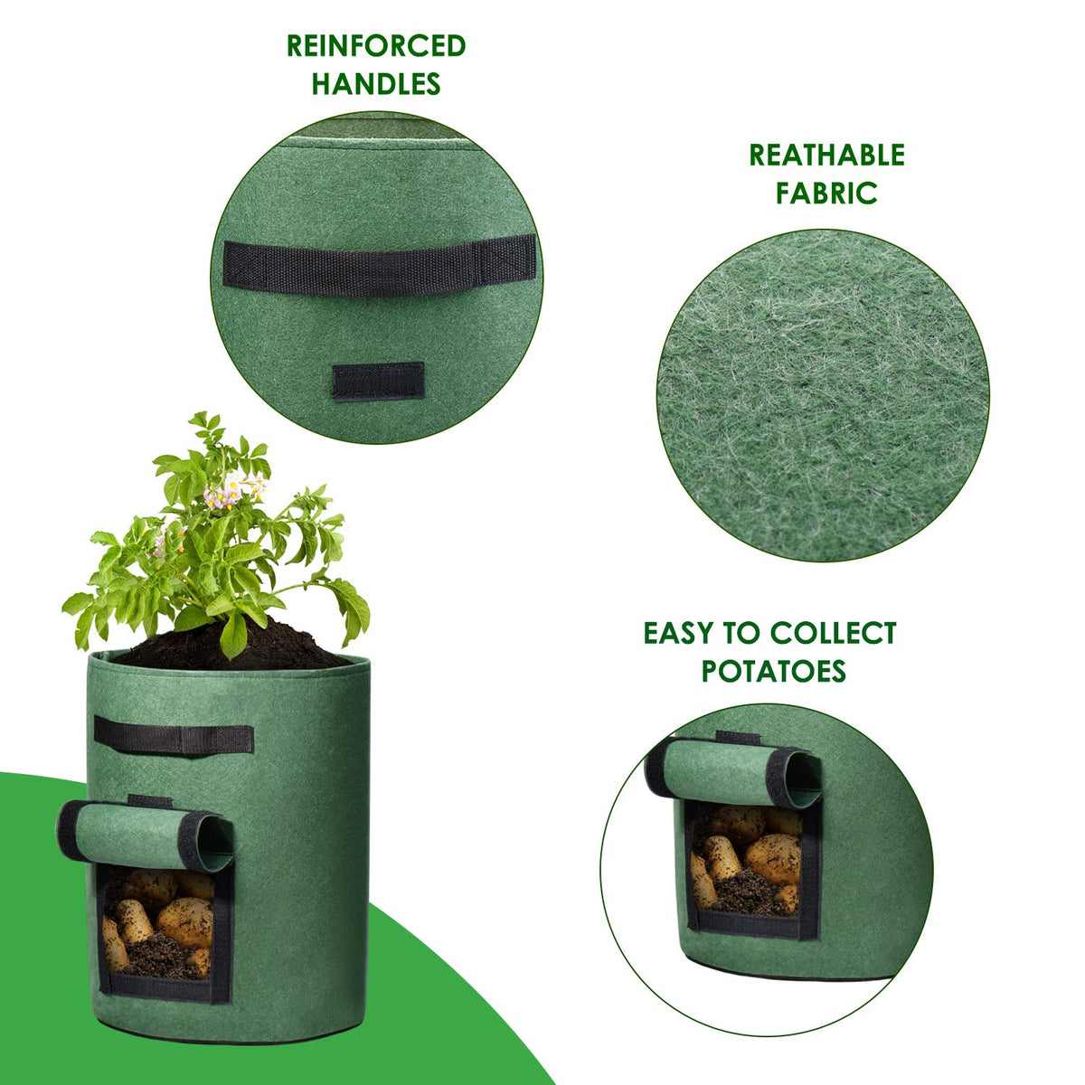 Delxo 5 Pack 10 Gallon Potato Grow Bags, Garden Planting Growing Bag with Flap, Double Layer Breathable Nonwoven Cloth for Potatoes/Planter/Vegetable/Tomato Fabric Pots with Handles Green