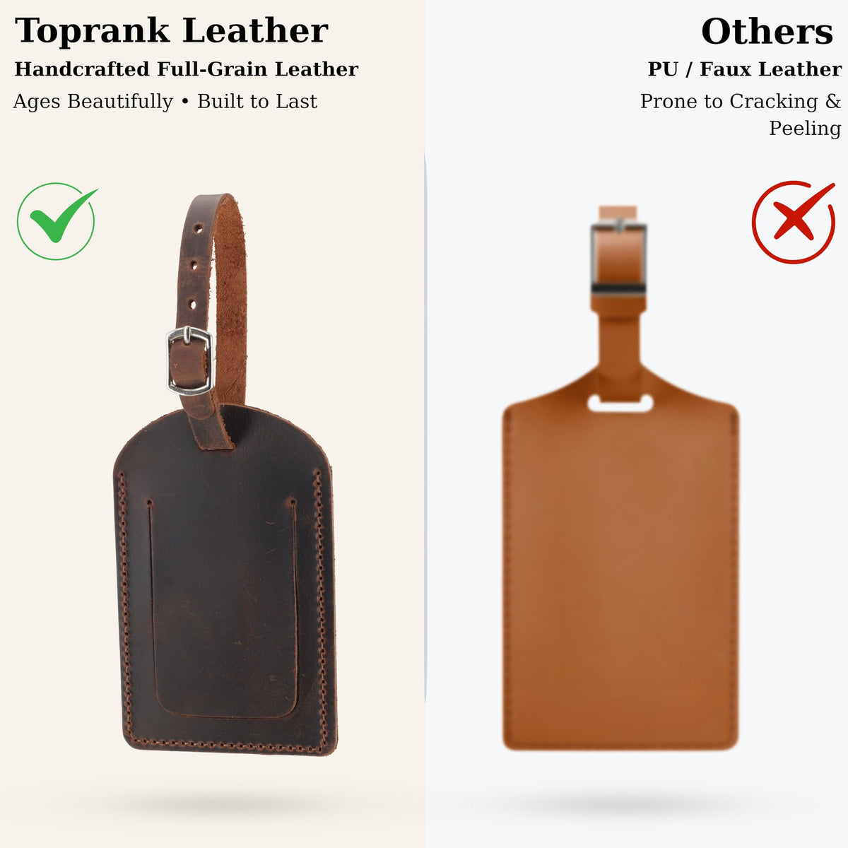 Toprank Leather Luggage Tag for Suitcase – Full Grain Leather Travel ID Tag with Privacy Cover, Buckle Strap & Information Card – Durable Baggage Tag (Tan, 2 Pack)