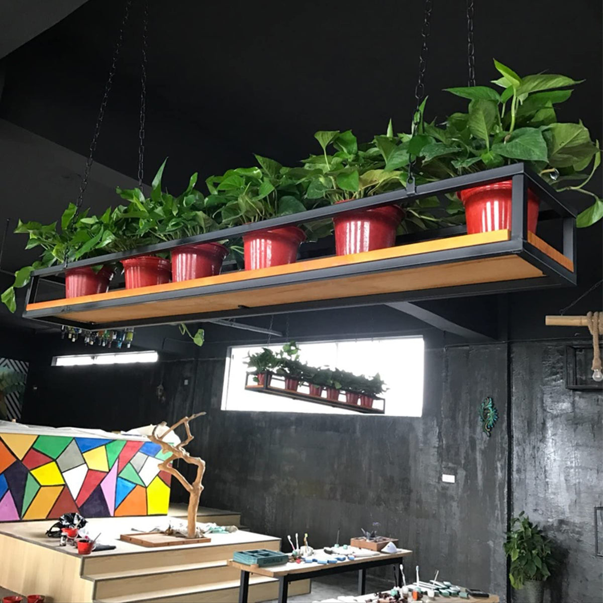 Hanging Flower Pot Display Rack - Adjustable Ceiling Stand for Plants, Wooden & Metal Frame Railing Shelf, Perfect for Bar, Patio, Garden, Balcony (Size: 60x25x15)