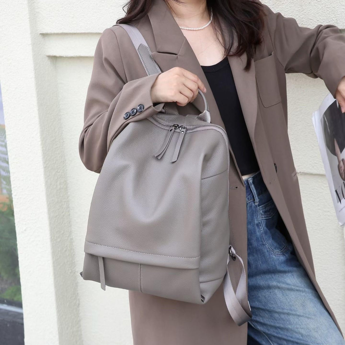 Wesccimo Genuine Leather Backpack Purse for Women, Fashion Designer Soft Backpack with Large Compartment Grey