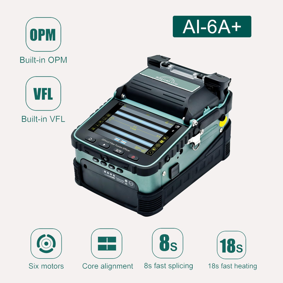 Signal fire AI-6A+ Fusion Splicing Six Motor Core Alignment Fiber Fusion Splicer with OPM and VFL, Automatic FTTH Fiber Optical Welding Splicing Machine Splicing 8S Heating 18S