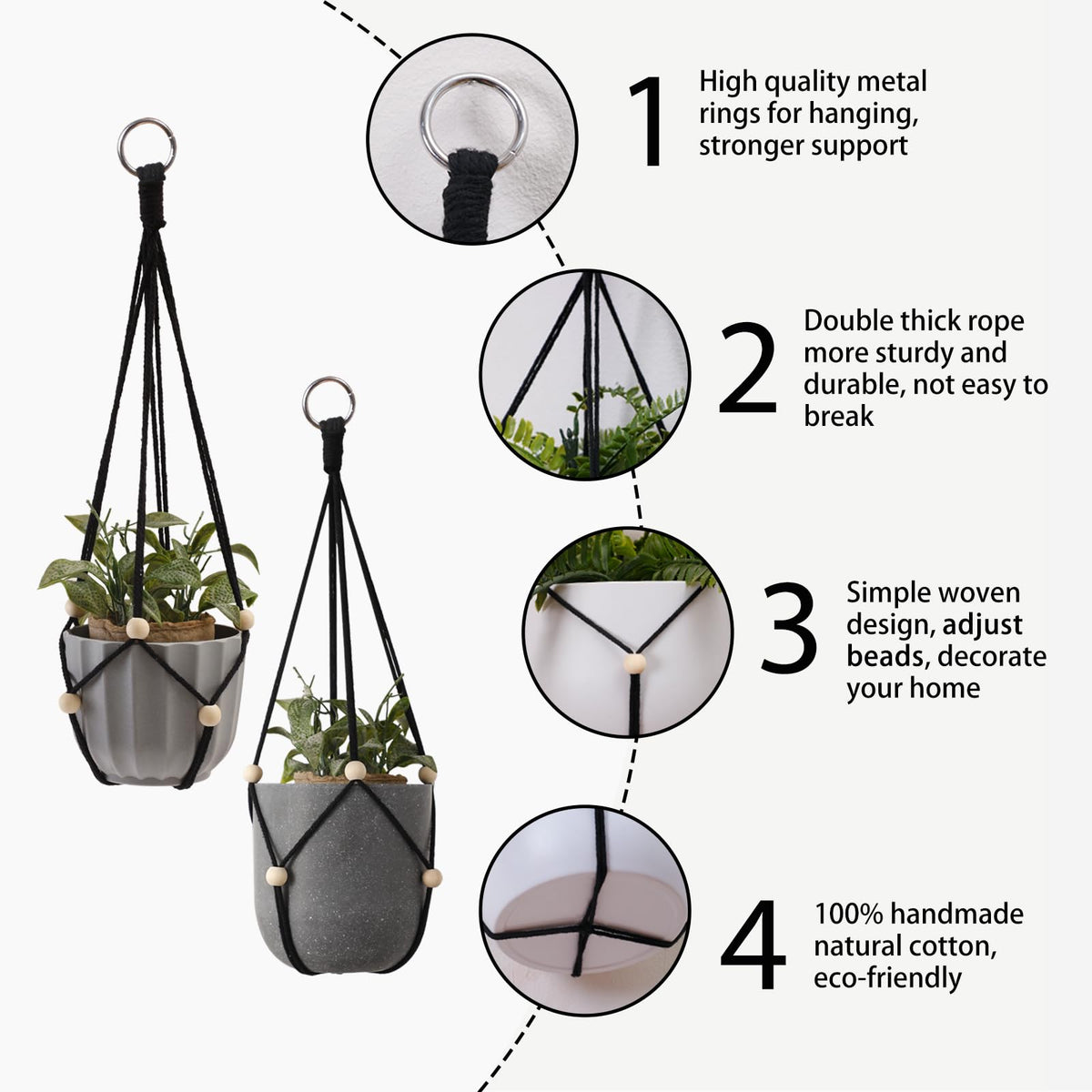 Artilady Black Hanging Planter for Indoor Plants Macrame Plant Hanger Large Hanging Plant Holder Basket with Adjustable Beads Outdoor Window Boho Plant Wall Decor (Black Bead-2pcs)