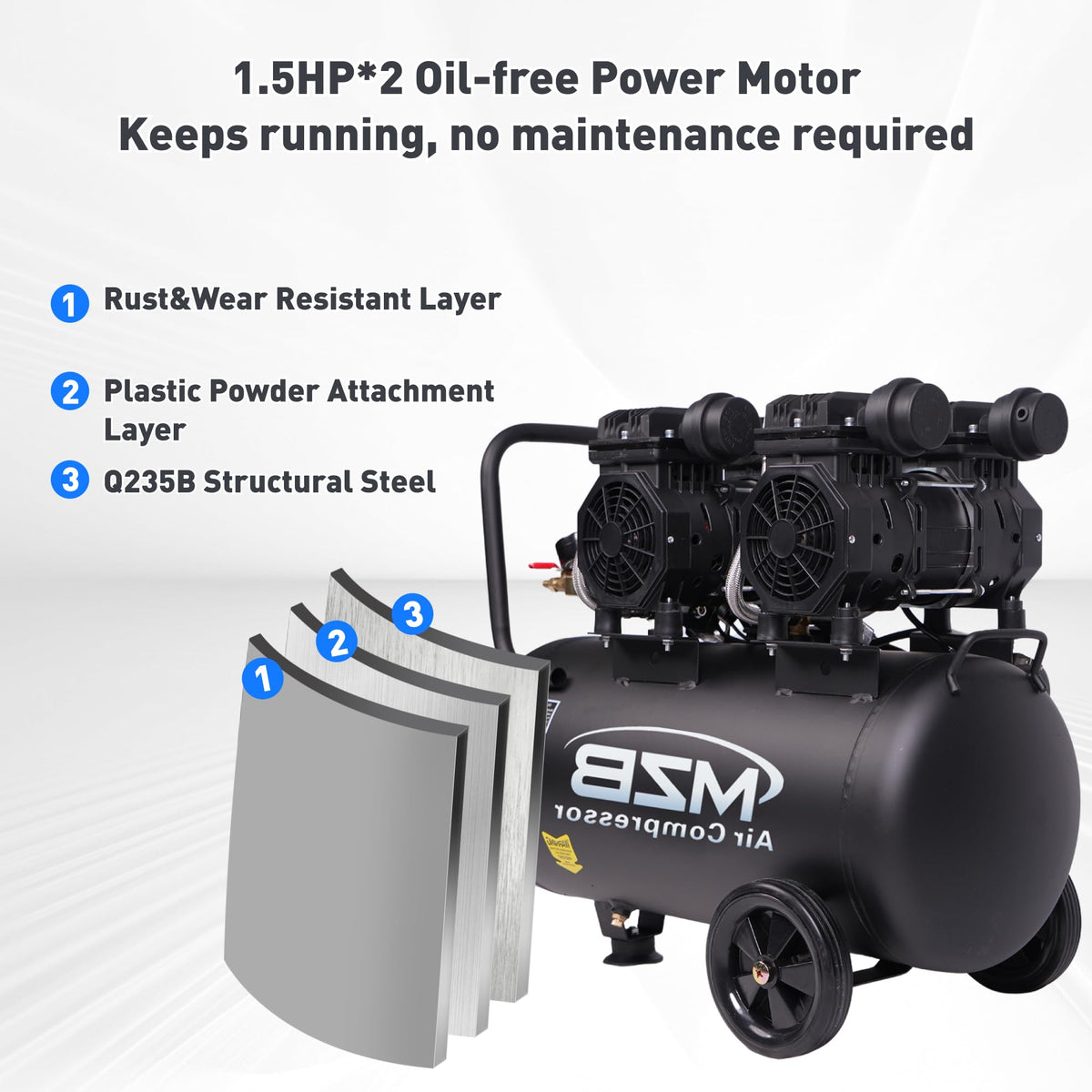 MZB 13.2 Gallon Ultra Quiet Air Compressor 115PSI Steel Tanks 70dB Noise Level Oil Free Air Compressor