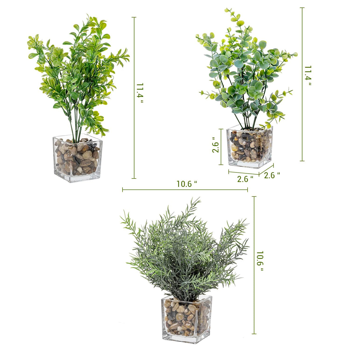 MyGift Artificial Rosemary Eucalyptus and Boxwood Plants Potted in Clear Glass Square Pots, Assorted Faux Greenery Indoor Home Table Centerpiece Office Desk Decor, 3 Piece Set