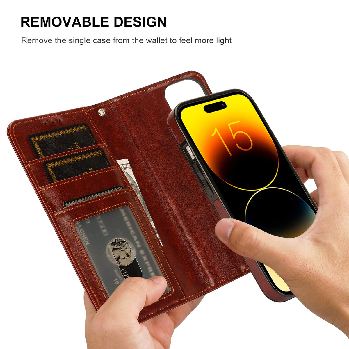 Bocasal Detachable Wallet Case for iPhone 15 RFID Blocking Card Slots Holder Premium PU Leather Magnetic Kickstand Shockproof Wrist Strap Removable Flip Protective Cover 5G 6.1 inch (Brown)