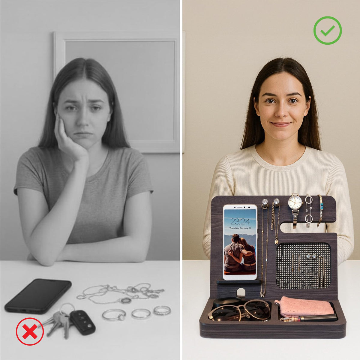 Namore Nightstand Organizer for Women – Wood Phone Docking Station & Jewelry Valet Tray for Phone, Earrings, Wallet & Keys – Unique Gifts for Women, Wife, Mom