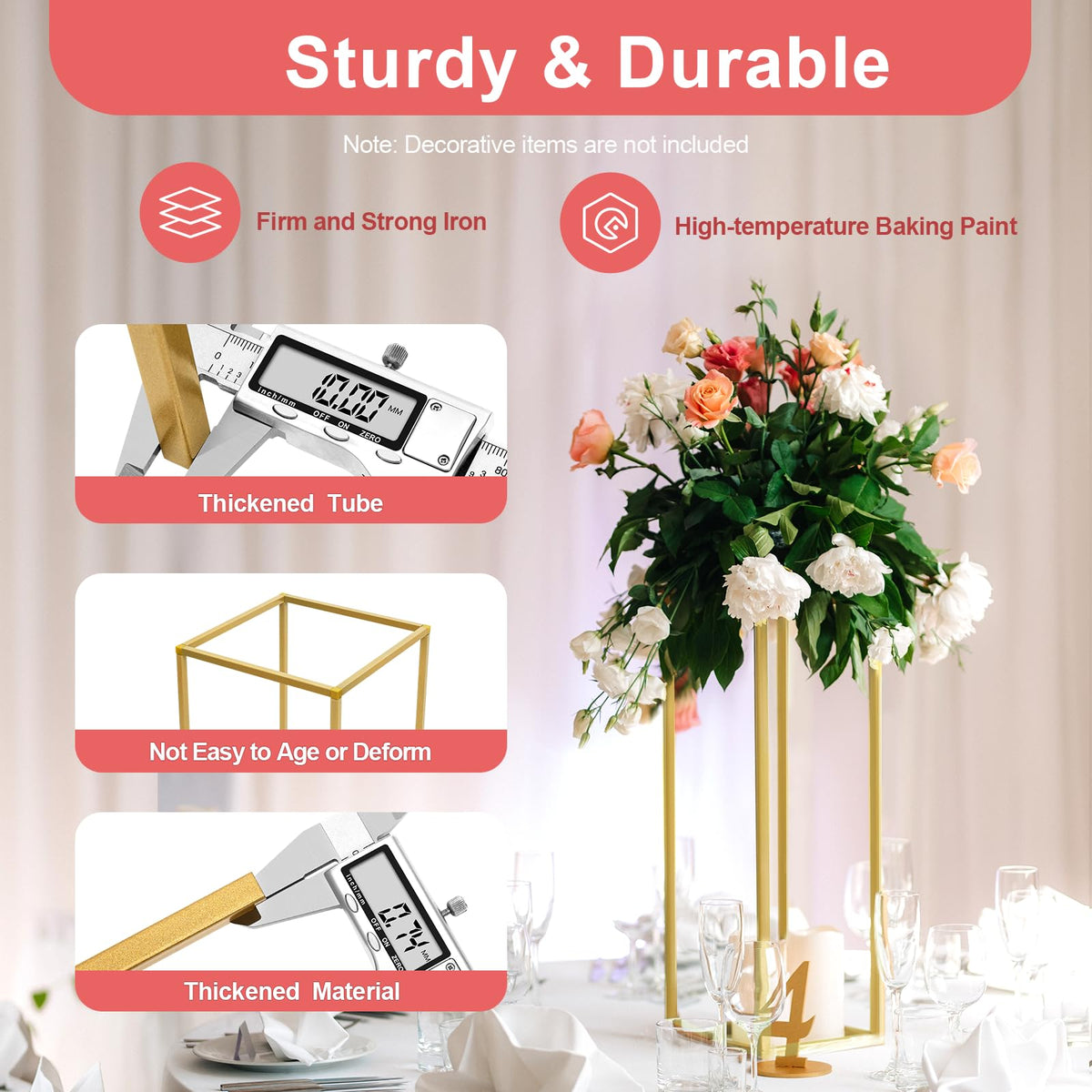 10 Pack 23.6 Inch Gold Wedding Flower Stand Metal Vase Column Stand Geometric Centerpiece Vase for Home Party Wedding Decorations, Rectangular Flower Display Rack