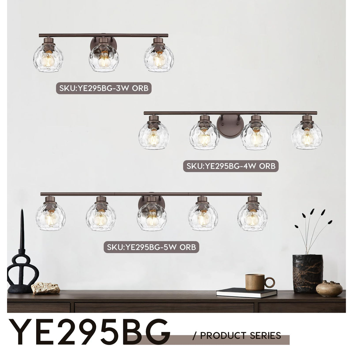 Emliviar 4-Light Vanity Lighting, 32.6in Water Ripple Globe Glass, Oil Rubbed Bronze Finish, Model YE295B