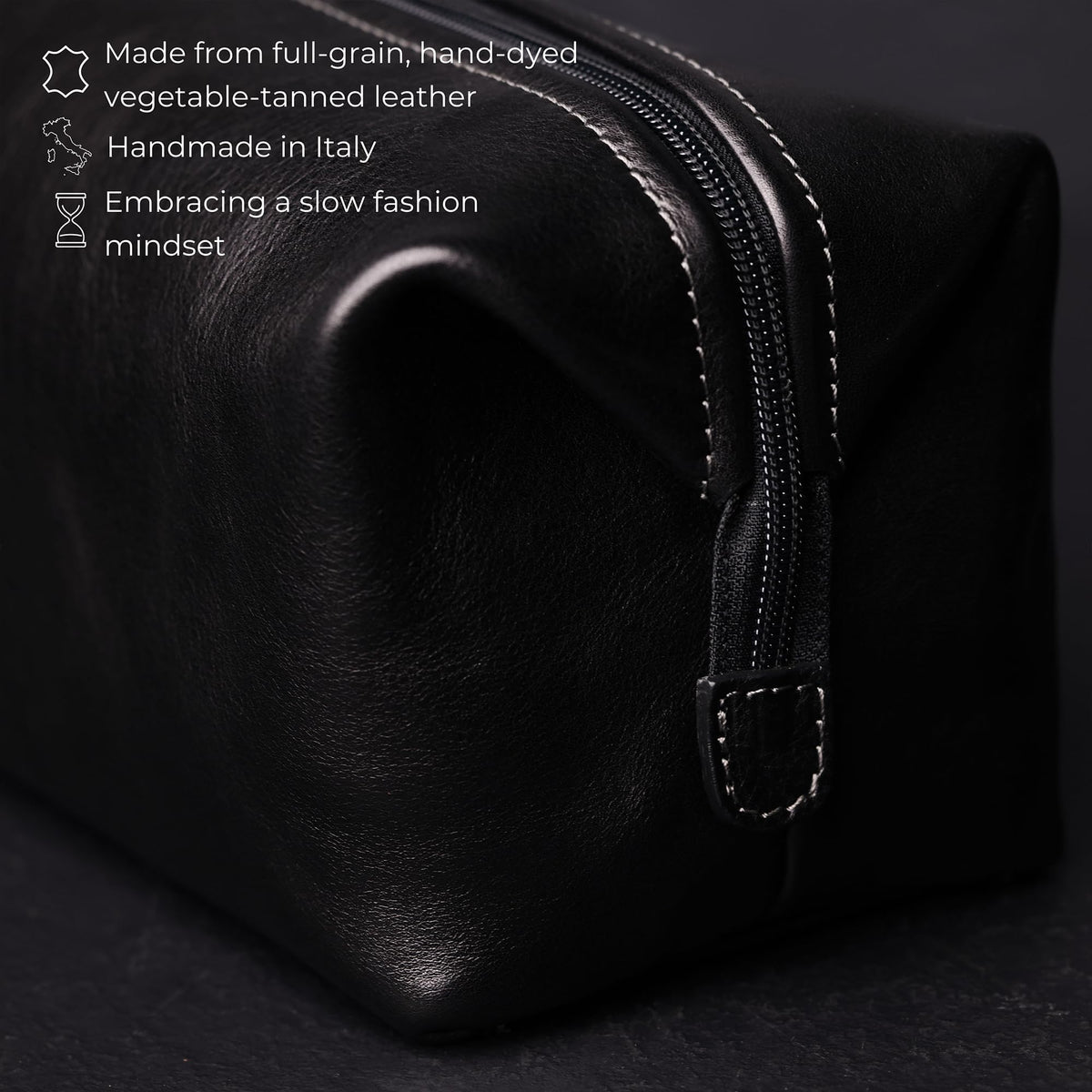 Time Resistance Leather Toiletry Bag - Italian Cosmetic Case Dopp Kit (Black)