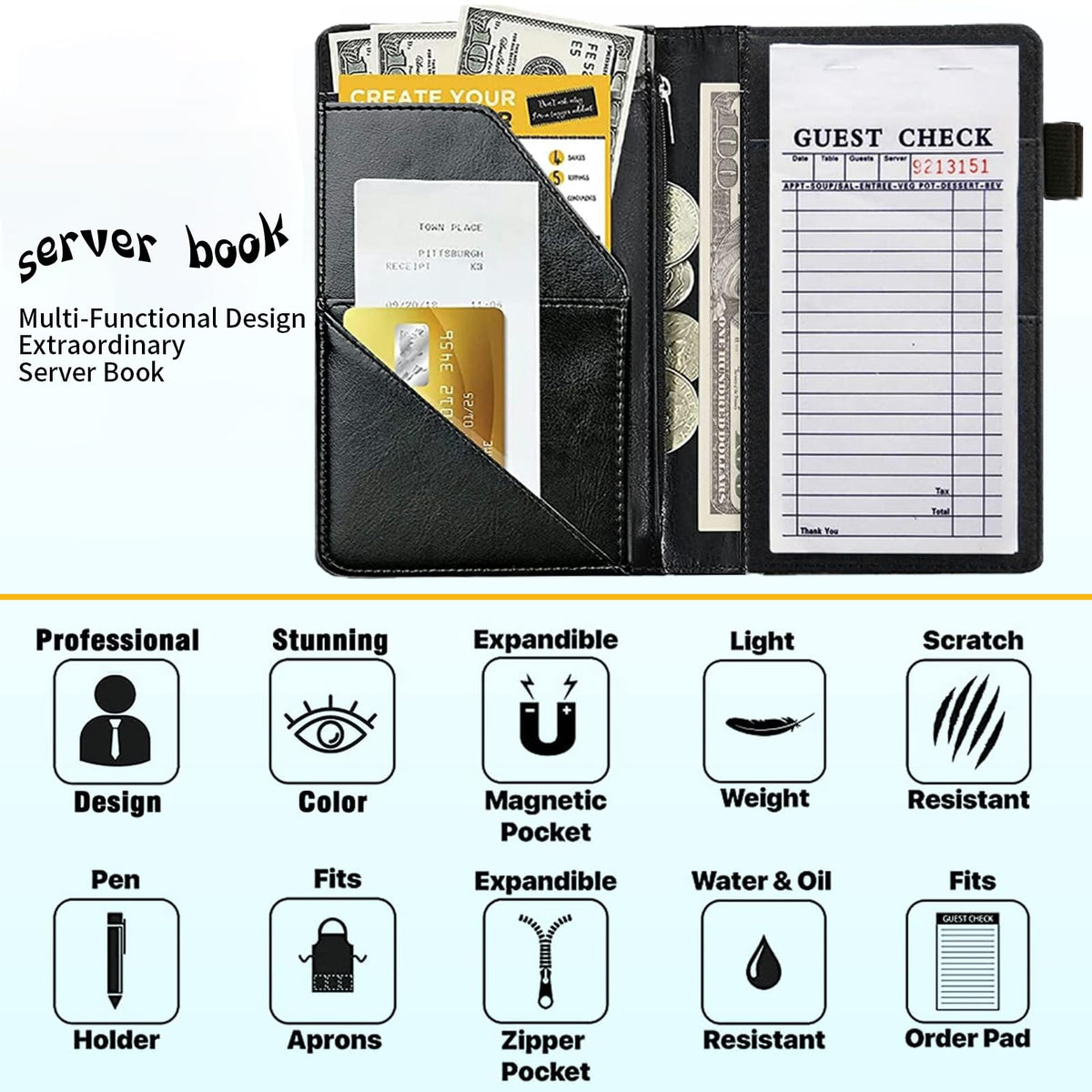 RAUEDWDJS Server Book for Waitress with Everlasting Pencil, Money Pocket Leather Wallet Booklet, Guest Check Receipt Holder Presenters, Waiter Accessories Fit Server Apron-Lovely Little Loves