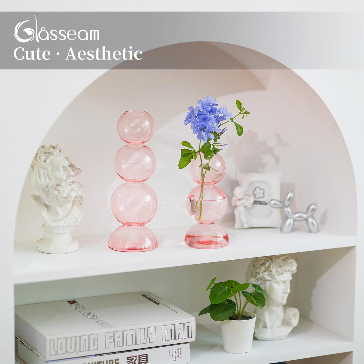 Glasseam Cute Pink Flower Vase, Unique Handmade Glass Vase for Flowers, Aesthetic Small Bud Vase Decor, Modern Ball Round Decorative Propagation Vases for Living Room Dining Table Decorations