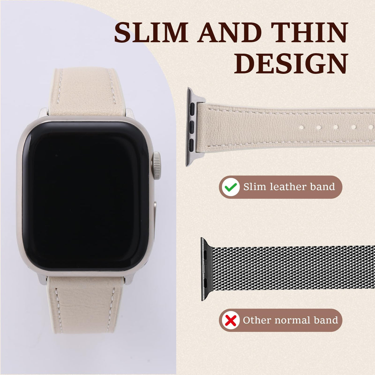 Thin French Goatskin Women's Soft Leather Band Compatible with Apple Watch Band 38mm 40mm 41mm 42mm 44mm 45mm 46mm 49mm, Slim Genuine Leather Strap for iWatch Series Ultra SE 10 9 8 7 6 5 4 3 2 1
