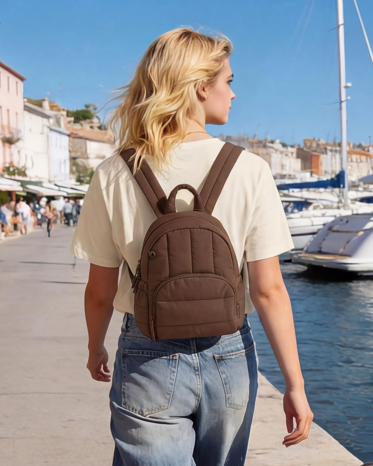 BAGSMART Mini Backpack for Women, Lightweight Puffer Small Backpack Purse, Quilted Casual Travel Daypack, Cute Water-Resistant Bookbag for Daily, Brown Checkered