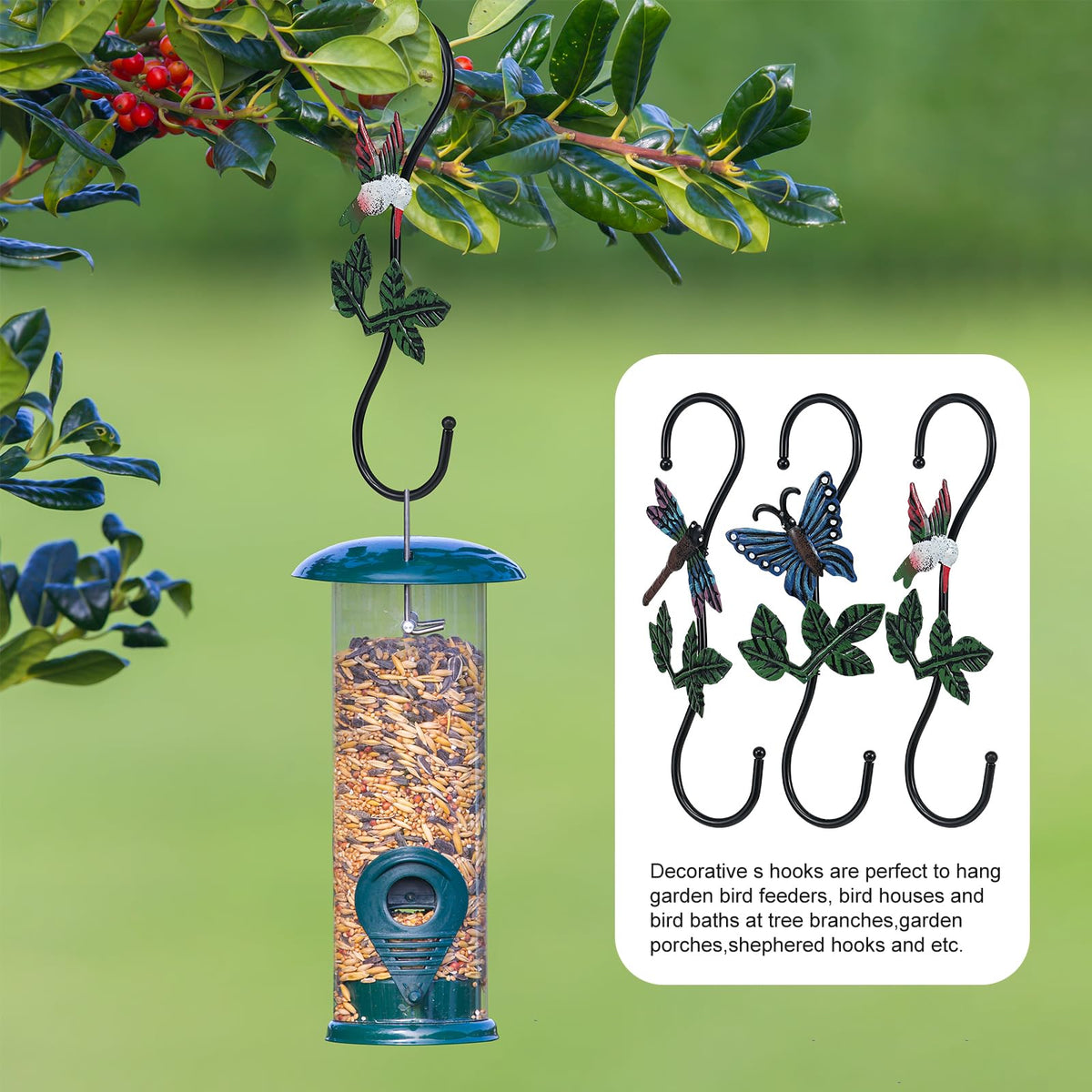 Kitwinney Large Decorative S Hooks, Set of 3 Plant Hangers, Beautiful and Vivid Plant Hook for Hanging Outdoor Indoor Garden Plants, Flower Baskets, Pots, Bird Feeders