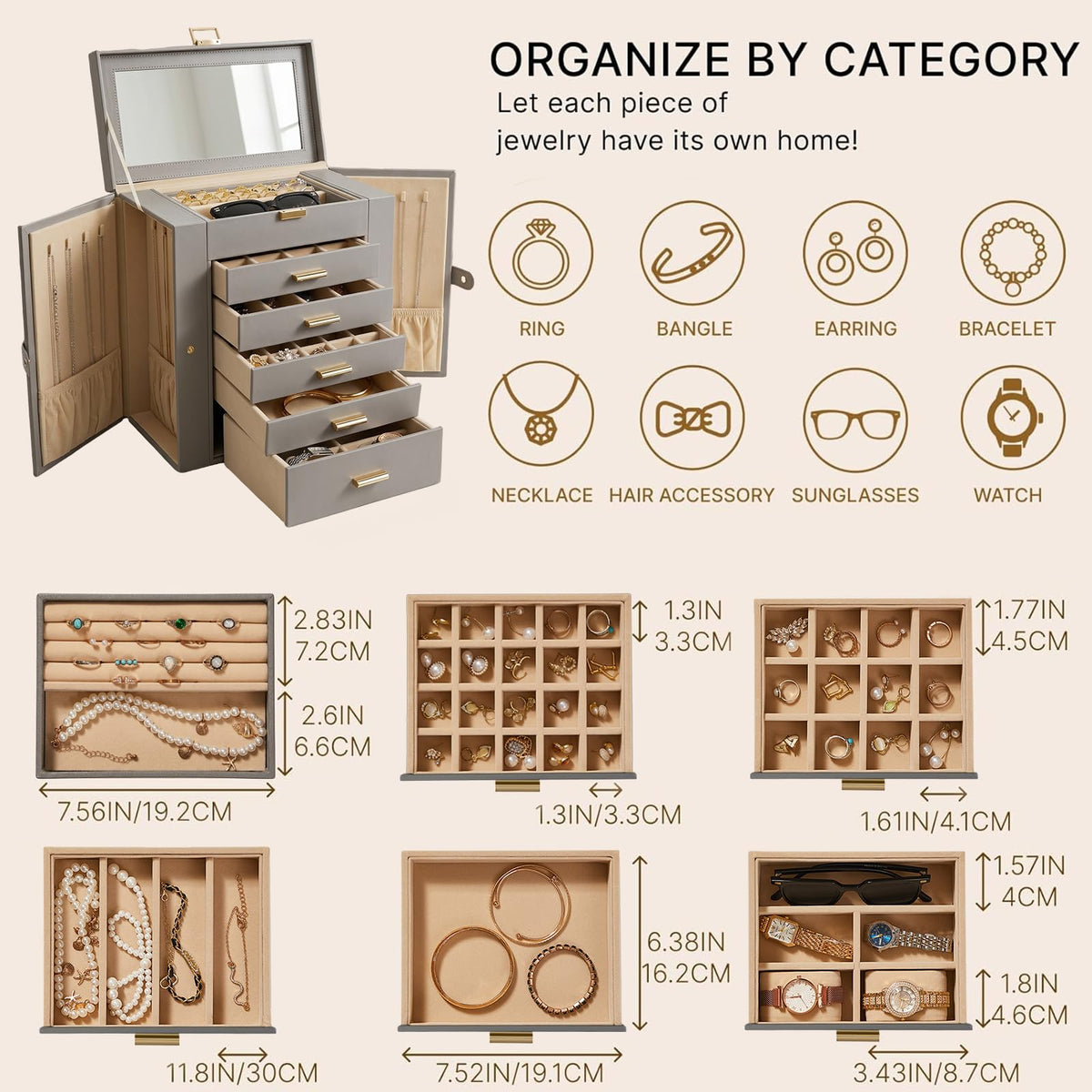 Homruilink Large Leather Jewelry Box Organizer 6 layer Jewelry Storage Case for Women Girls Ring Necklace Earring Bracelet Holder with Mirror, Ideal Gift (Grey)