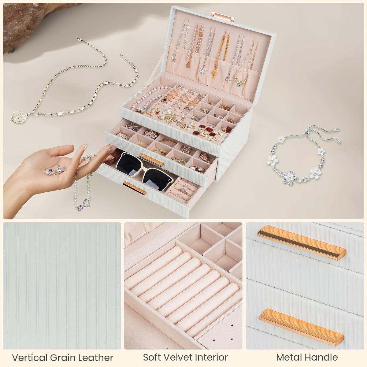 Dajasan Jewelry Box Organizer, 3-Tier Large Jewelry Storage Organizer with 2 Drawers, Space-Saving Jewelry Boxes for Women, PU Leather Surface with Texture, Gift Idea, Modern Style (White)