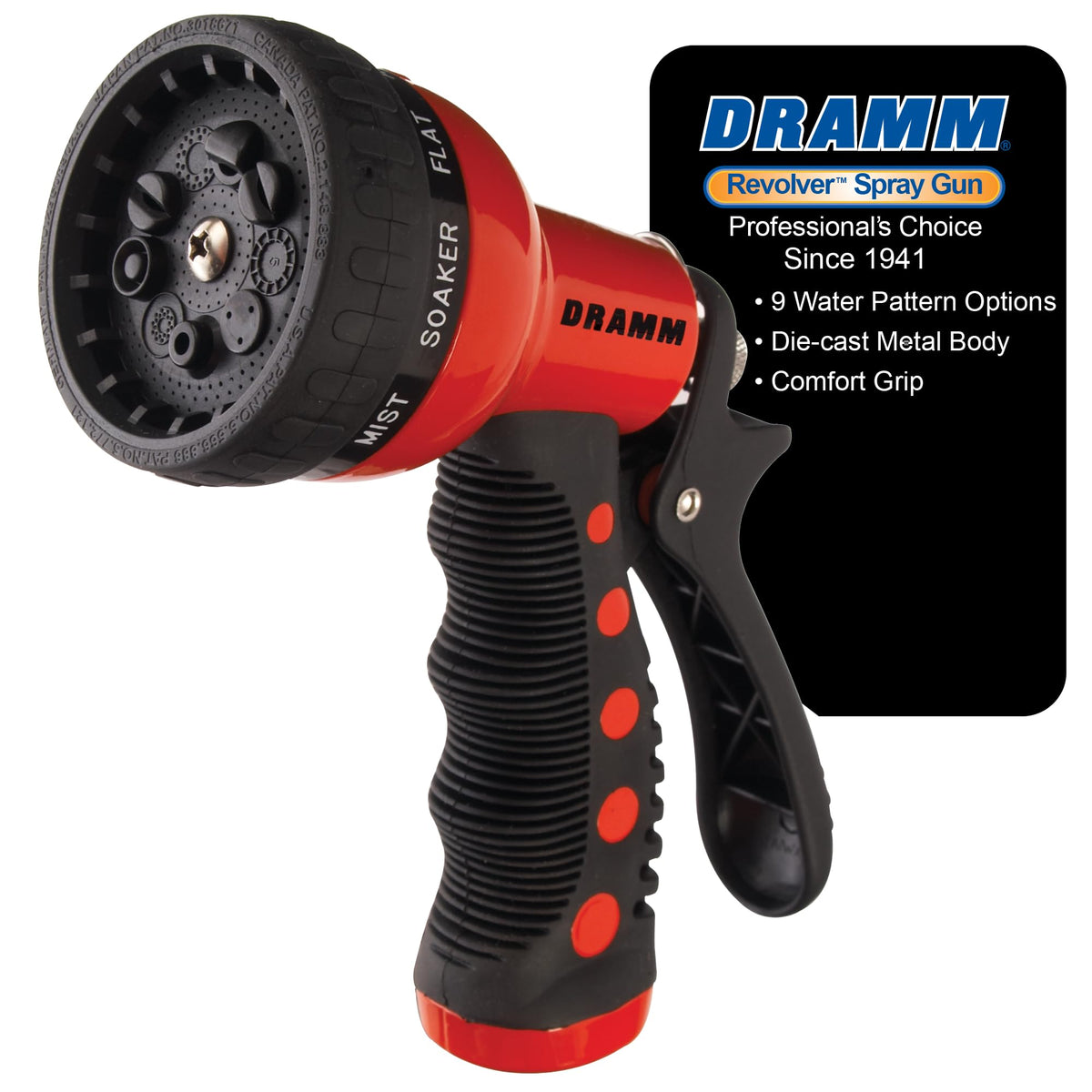 Dramm Revolver Heavy Duty Metal Garden Hose Nozzle – 9 Spray Patterns, High Pressure Jet, Thumb-Control Flow, Ergonomic Grip – Red