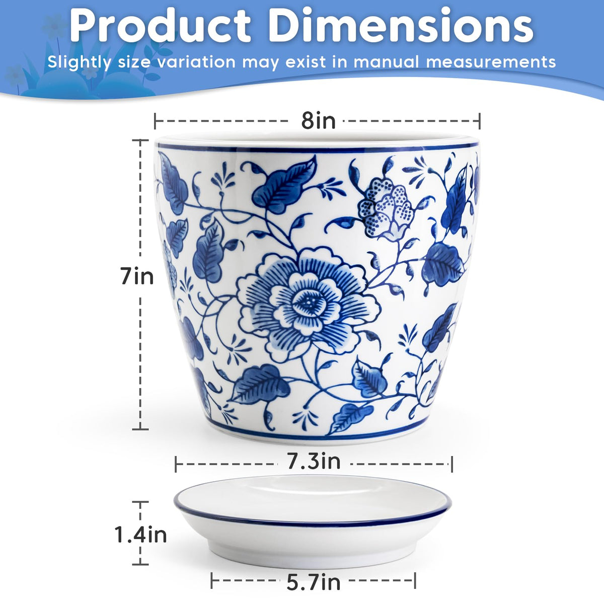 HakkaGirl 8 inch Ceramic Planters for Indoor Plants, Chinoiserie Decor Ceramic Pots for Plants Flower Plant Pots Indoor with Drainage and Saucer, Blue and White