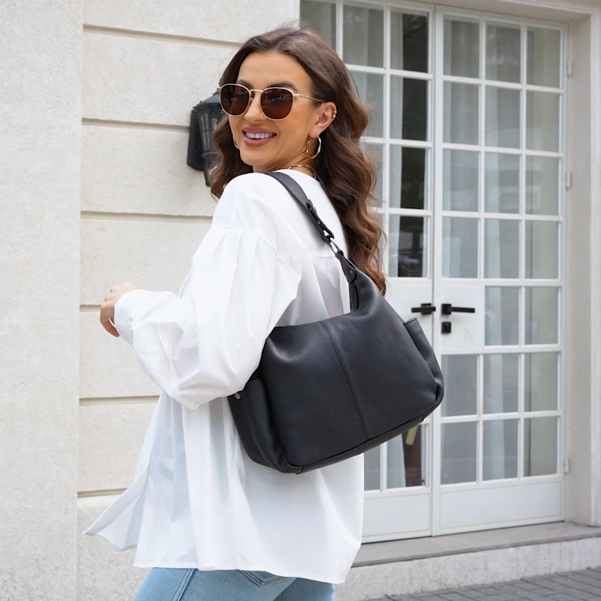 Genuine Leather Purses for Women Black Hobo Bag Work & Casual Crossbody Handbag with Two Adjustable Straps