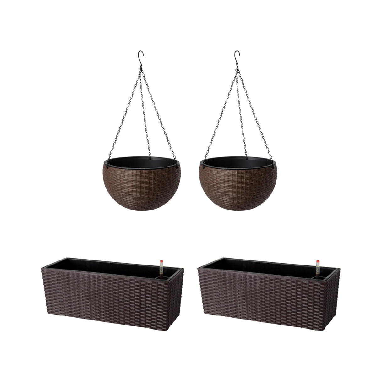 LaLaGreen Bundle- 2 Pack, 11 Inch Brown Hanging Plastic Basket + 2 Pack, 20 Inch Self Watering Planter with Bracket Rattan Style Window Plants Boxes Balcony Fence Porch Deck Modern Flower Pots Outdoor
