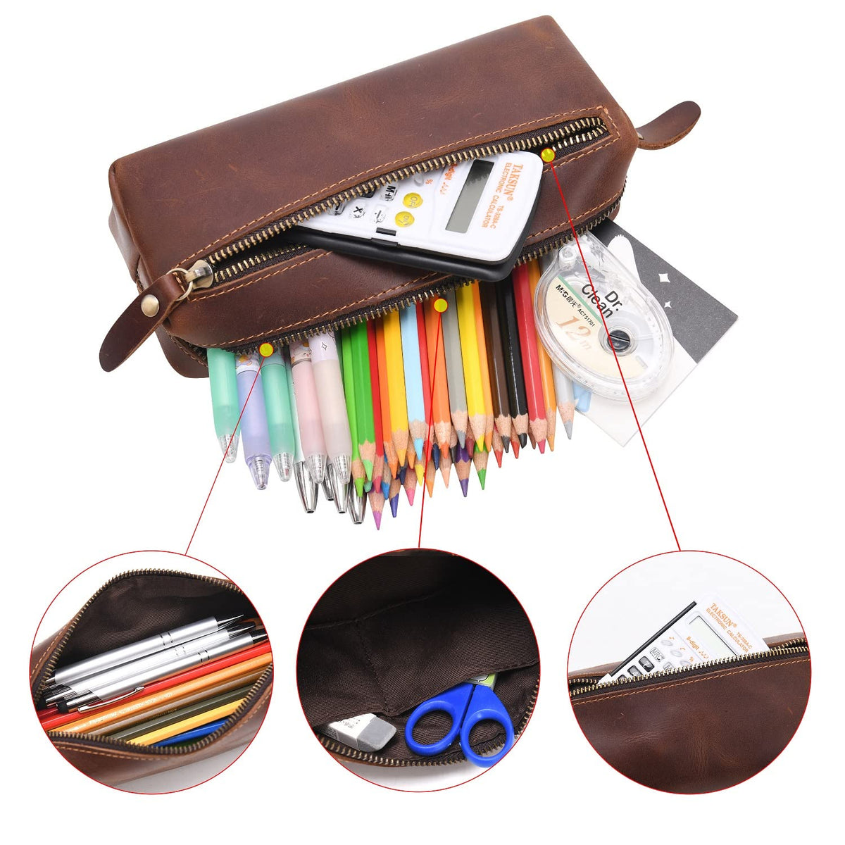 WONDERPOOL Pen Case Real Leather Pencil Pouch Markers Holder Big Capacity Bag with Side Zippered Pocket Sleeve for Stationery Makeup Utensils Organizer (Coffee)