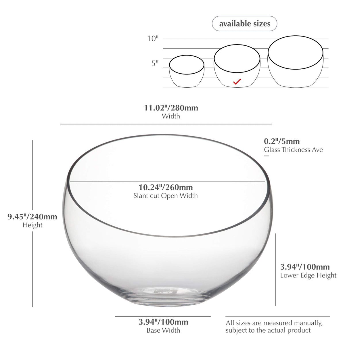 WGV Slant Cut Bowl Glass Vase Bulk, Width 11", Height 9.5", Clear Terrarium, Candy Dish, Fruit Jar, Floral Container for Wedding Party Event, Home Office Decor, 2 Pieces