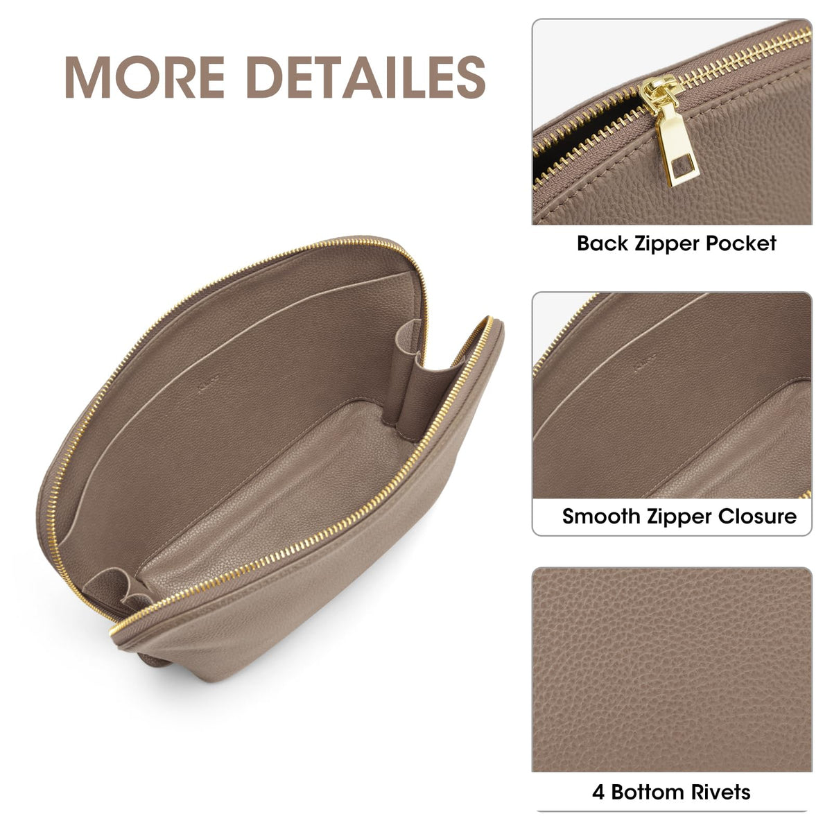 Kattee Leather Makeup Bag, Travel Cosmetic Bag Set, Toiletry Bag Organizer for Women, 1-PACK, Medium, Khaki