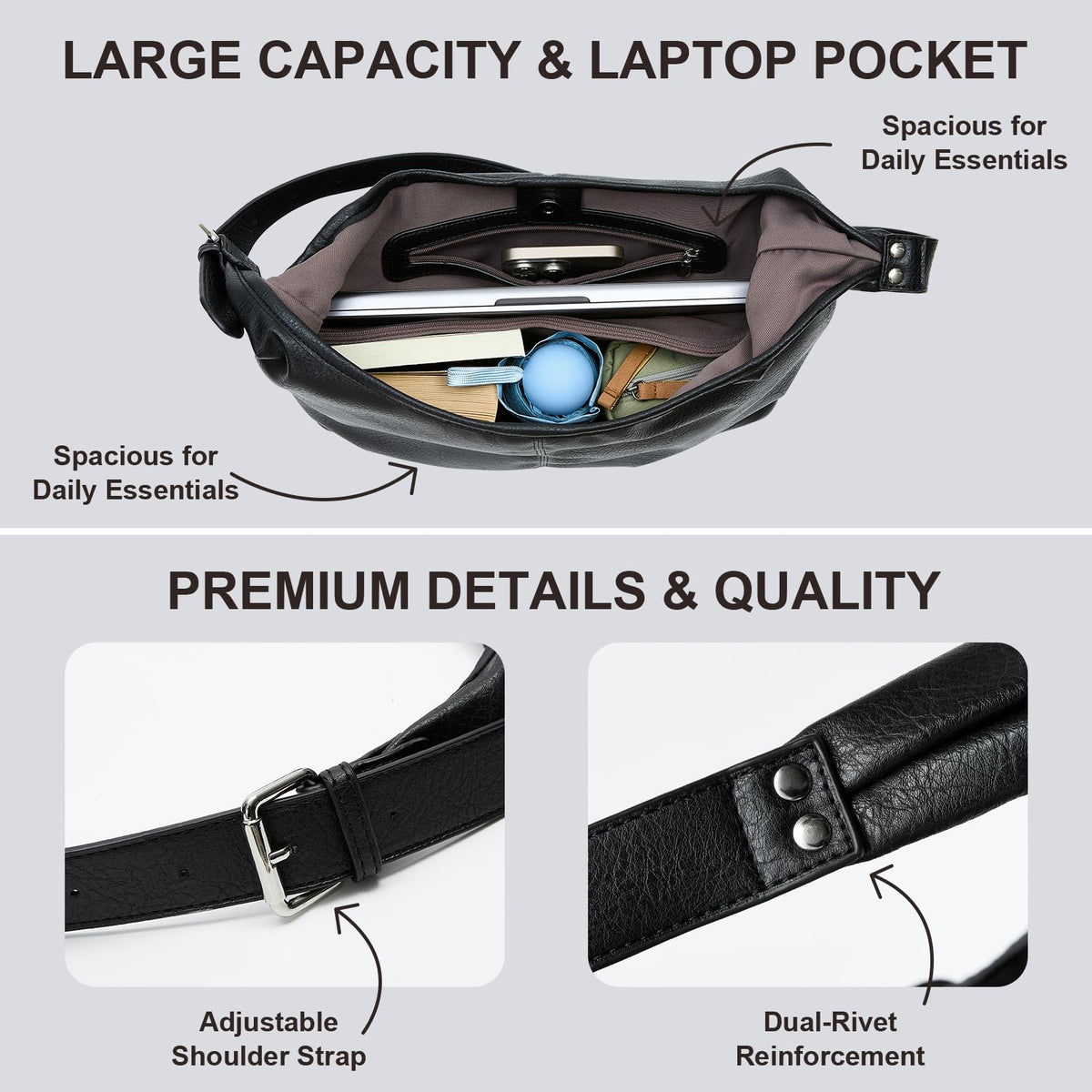 Hobo Bag for Women, Soft Vegan Leather Slouchy Shoulder Tote Purse with Matching Pouch, Adjustable Strap & Magnetic Closure Black