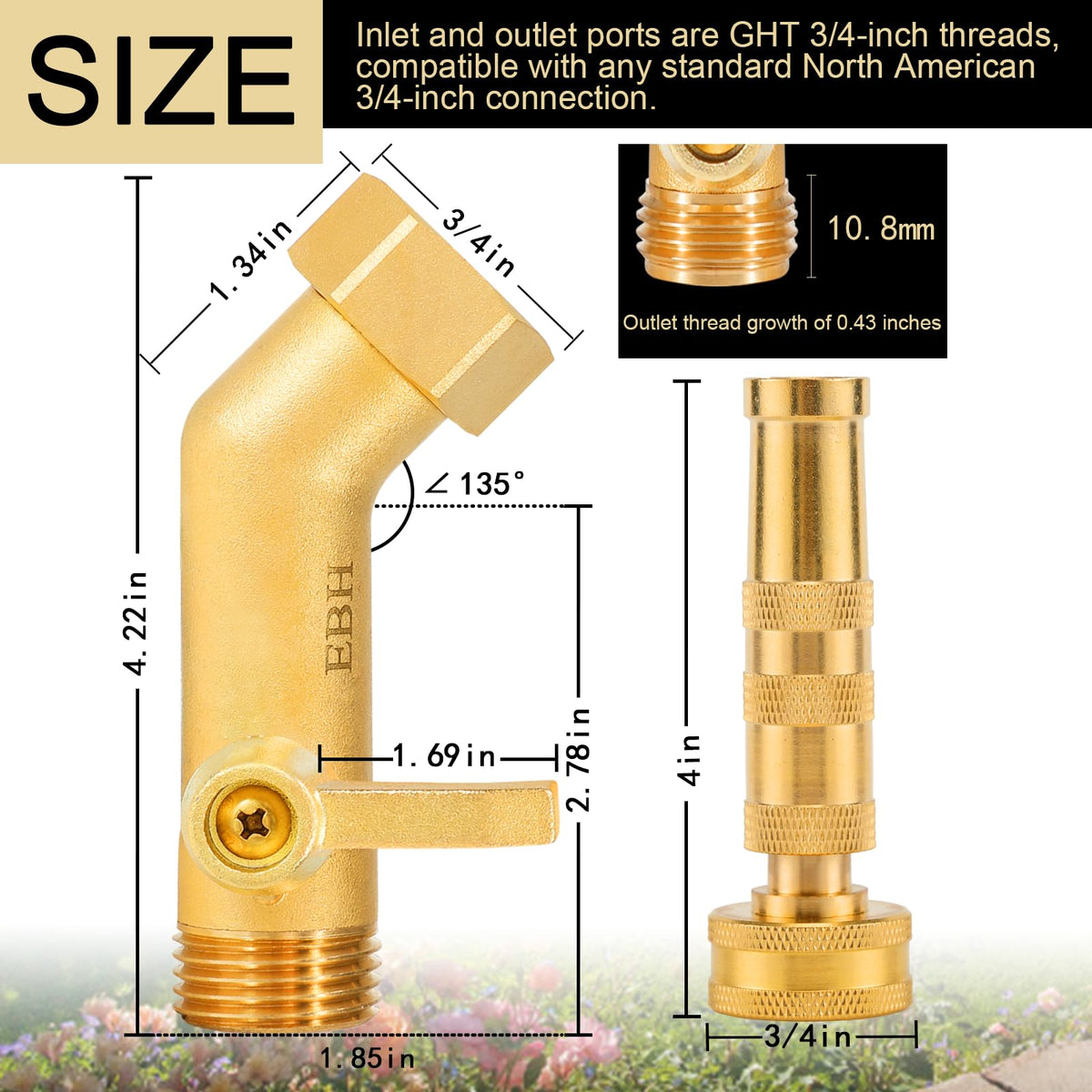 EBH Adjustable Heavy Duty Brass Garden Hose Nozzle - High Pressure Jet Nozzle, 135° Elbow and Comfort Grip with Hose Shut Off Valve, 3/4” GHT Nozzle for Garden Hoses and Car Washes