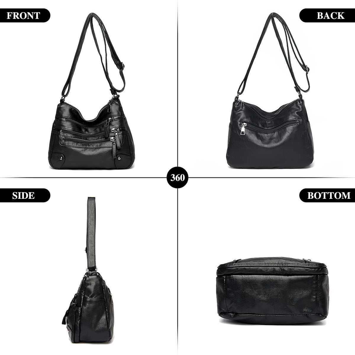 WITERY Small Crossboby Bag for Women - Soft PU Leather Purses Multi-Pocket Shoulder Bag Handbag with Adjustable Strap, Vintage Ladies Medium Roomy Travel Purses Zipper Hobo Totes (Black)