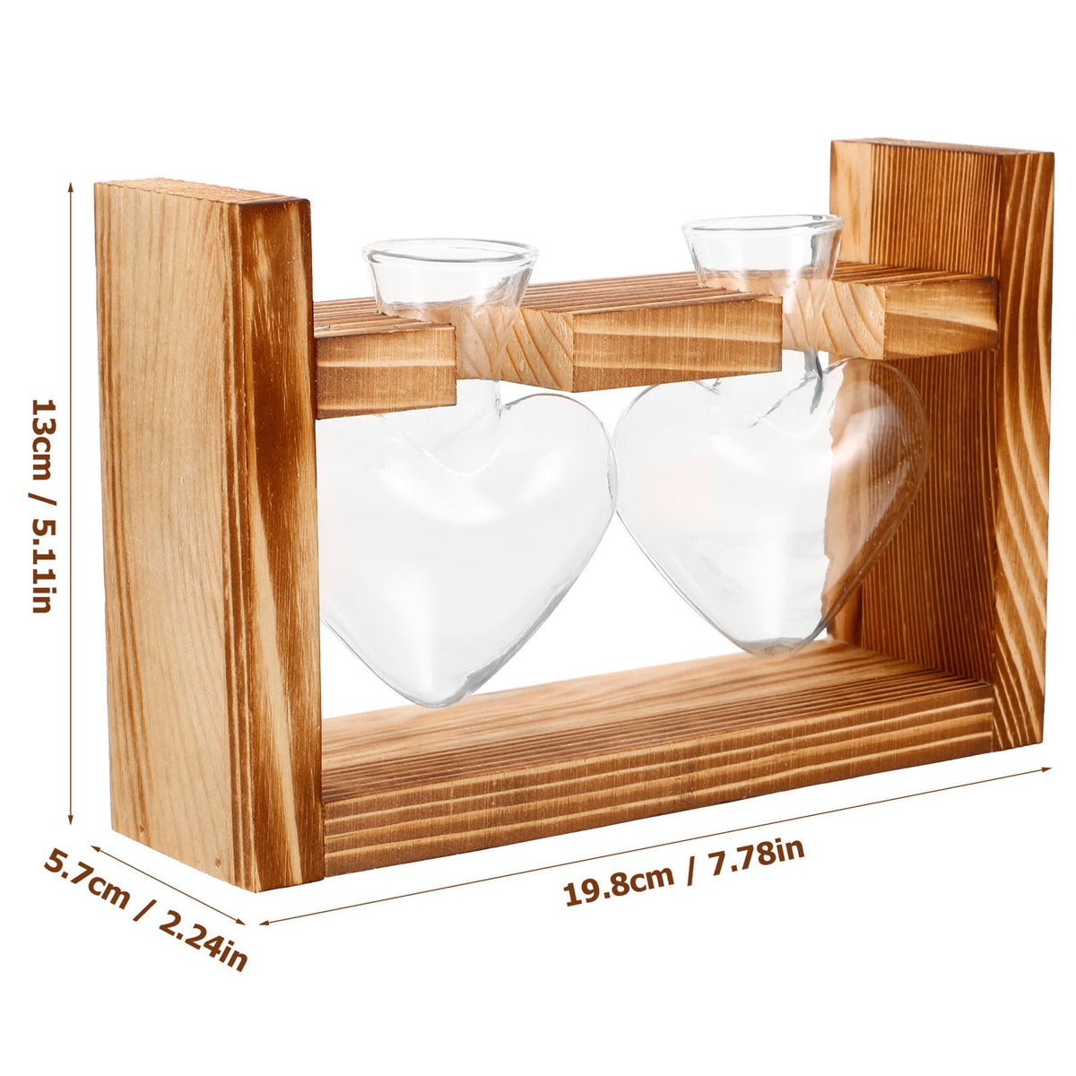 SUPVOX Wooden Stand Glass Heart-Shaped Vase for Indoor Plants, Hydroponic Terrarium Planter, Tabletop Decor Set with 2 Glass Vessels, Suitable for Home and Office