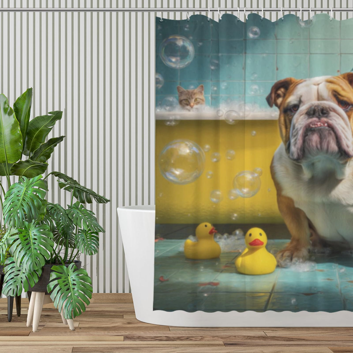 Wordatu Bulldog- Shower Curtain Bathroom Set 72X72 Inches Funny Cat Lovely Animals in Bathtub for Boys Bath Farmhouse Art Home Decor Fabric 12 Hooks