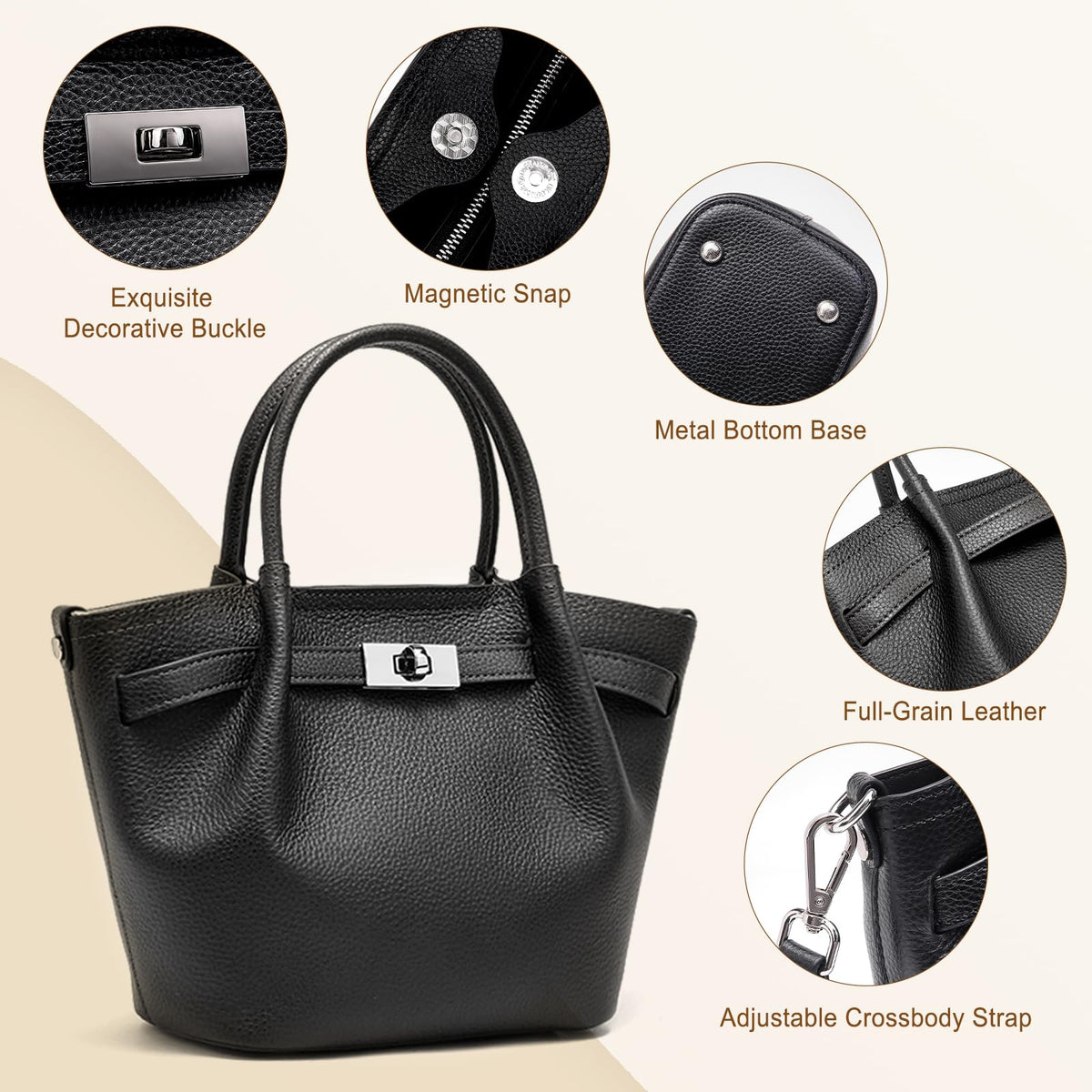Genuine Leather Bucket Bags for Women: Small Tote Purses for Ladies Luxury Designer Crossbody Satchel Handbags(Black)