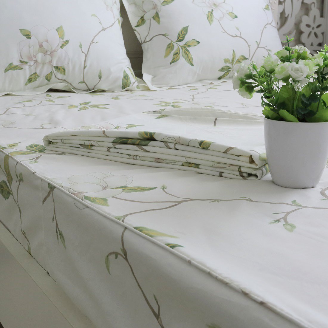 FADFAY Shabby White Floral Bed Sheet Set 100% Cotton Sheets Green Leaves 4Piece - Twin XL Size