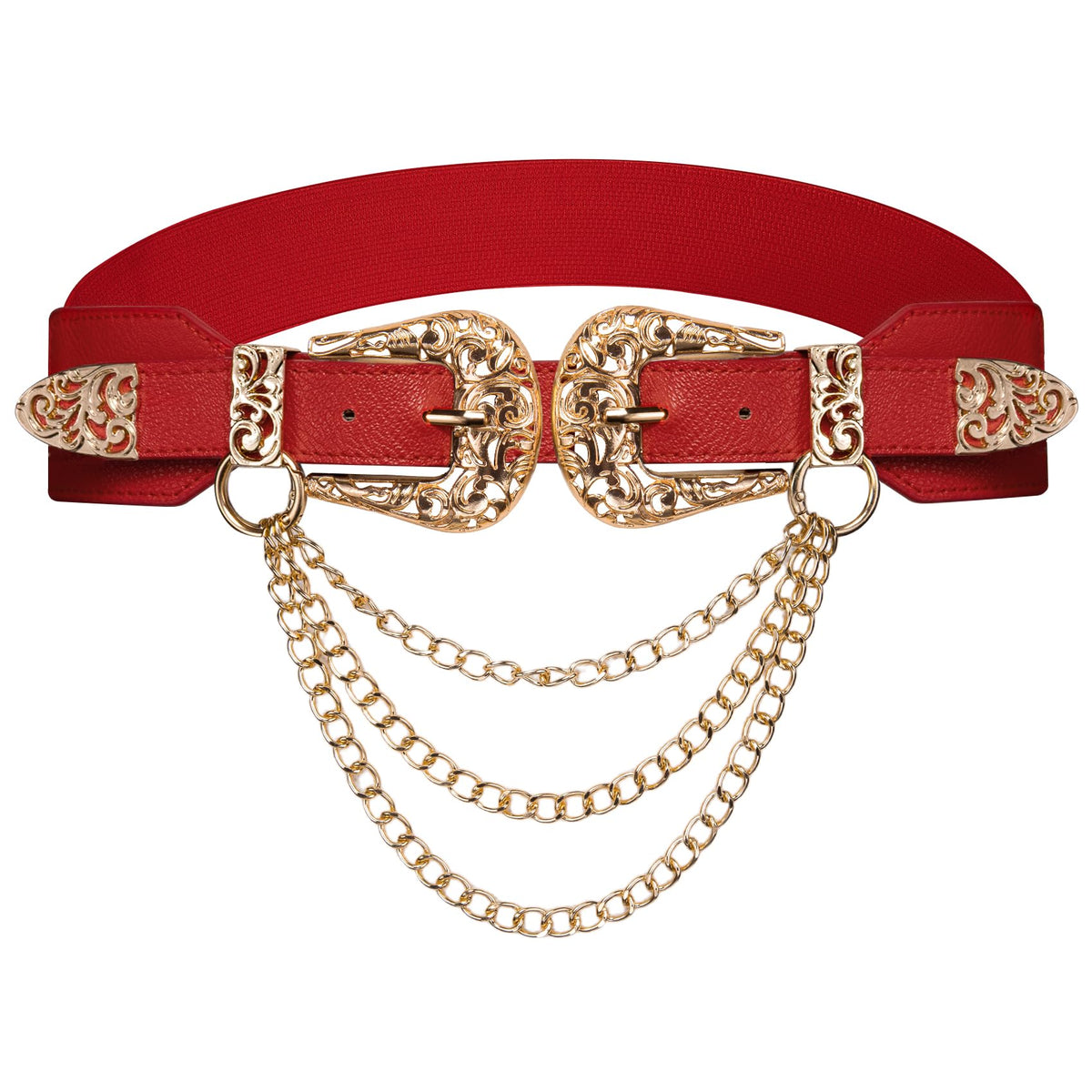 Barry.Wang Women Double Western Belt Vintage Leather Red Belt Gold Buckle Design Elastic Waist Chain Jeans Dresses Cowgirl