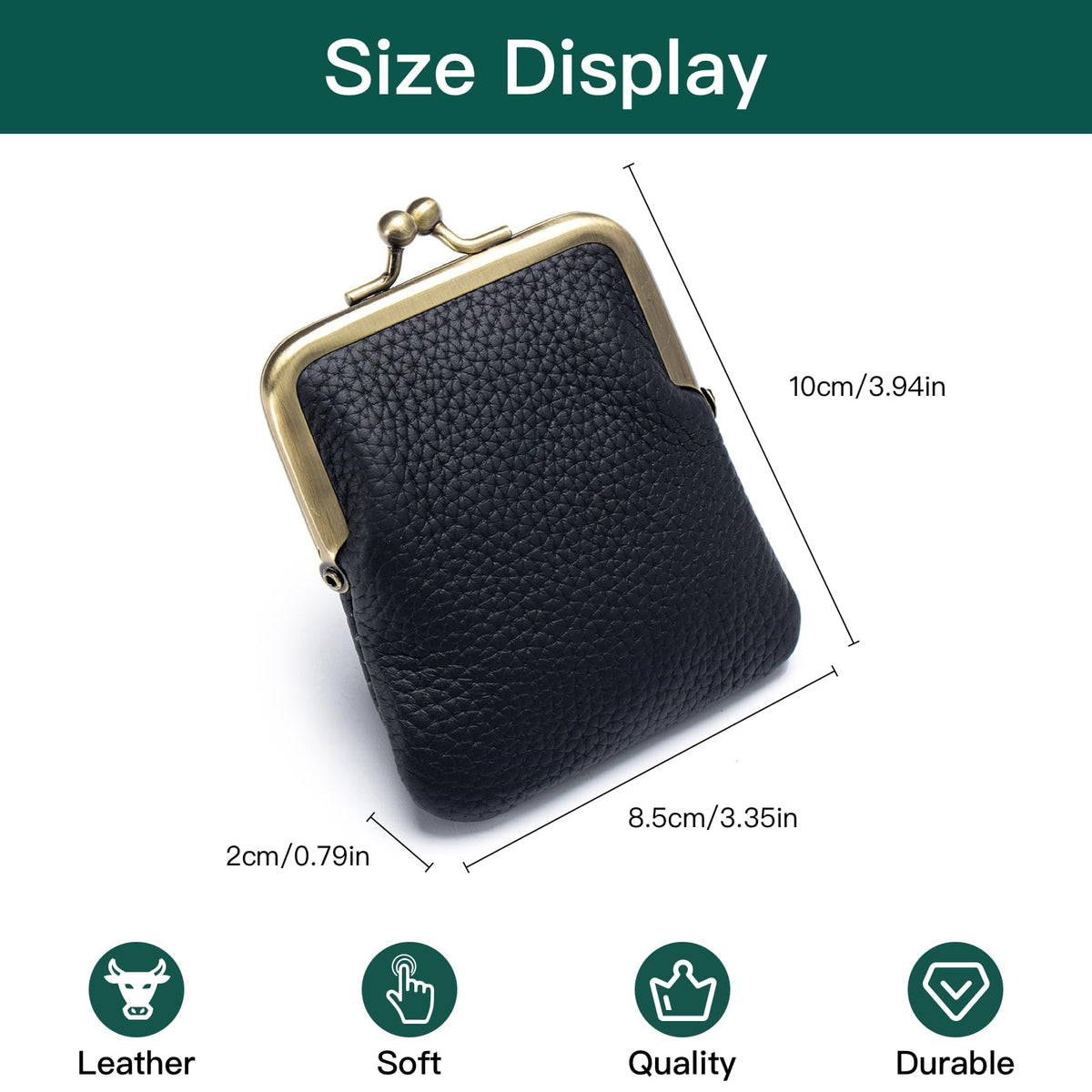 Genuine Leather Kiss Lock Coin Purse, Mini Wallet with Metal Clasp Frame, Small Change Holder，gift for women men (White)