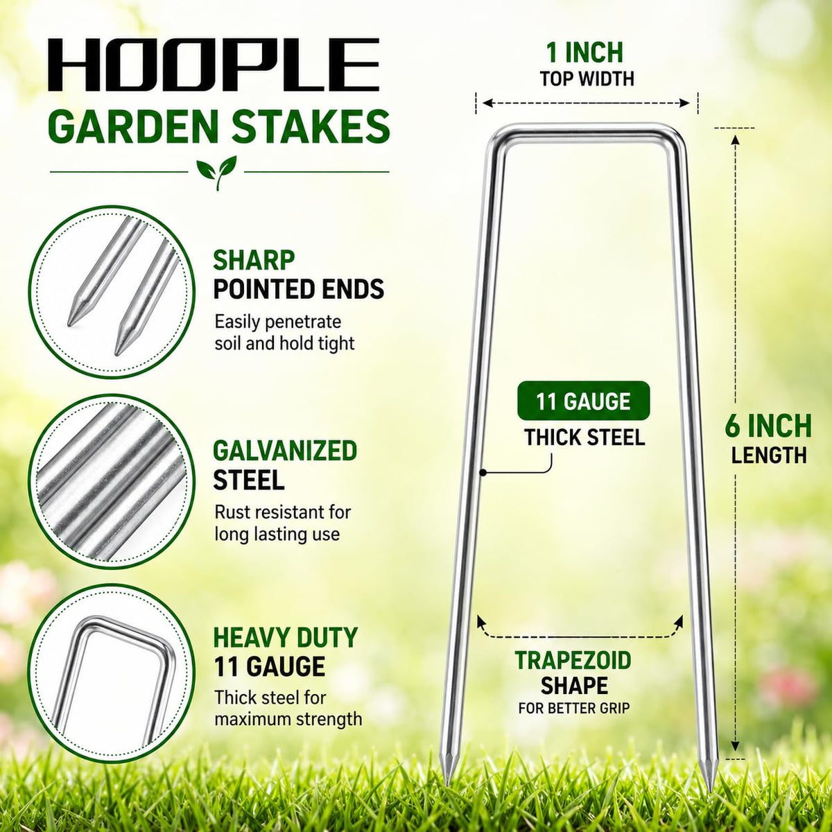 HOOPLE 100 Pack 6 Inch 11 Gauge Heavy Duty Galvanized Landscape Staples, Garden Stakes & Sod Pins for Securing Weed Barrier Fabric, Landscape Fabric, Hoses, Netting & Outdoor Decorations