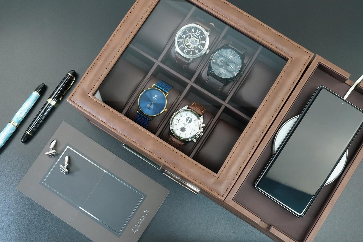 Lifomenz Co Men's Jewelry Box Organizer with Charging Station & Drawer - Premium Valet Tray for Watch, Phone, Wallet Storage - Brown