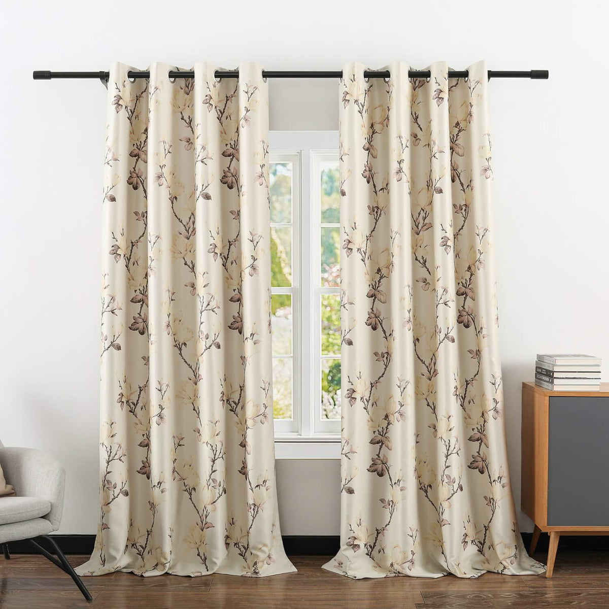 VOGOL Grommet Blackout Curtains for Living Room, Magnolia Flower Printed Thermal Insulated Room Darkening Window Drapes Curtains for Bedroom(52 x 84 Inch,2 Panels)