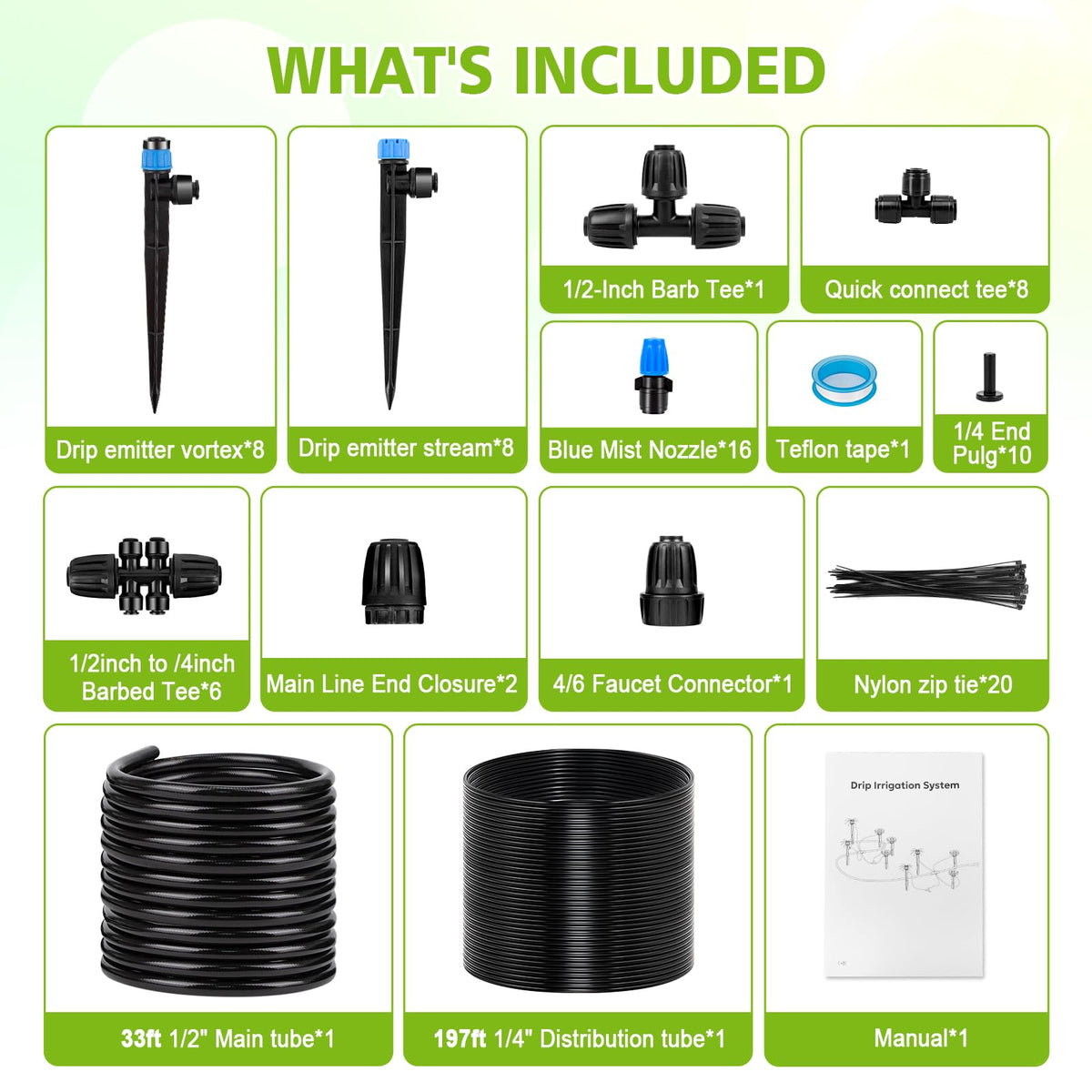 230FT New Quick-Connect Drip Irrigation System Kit, Automatic Garden Watering Misting System for Greenhouse, Yard, Lawn, Plant with 1/2 inch Hose 1/4 inch Distribution Tubing and Accessories