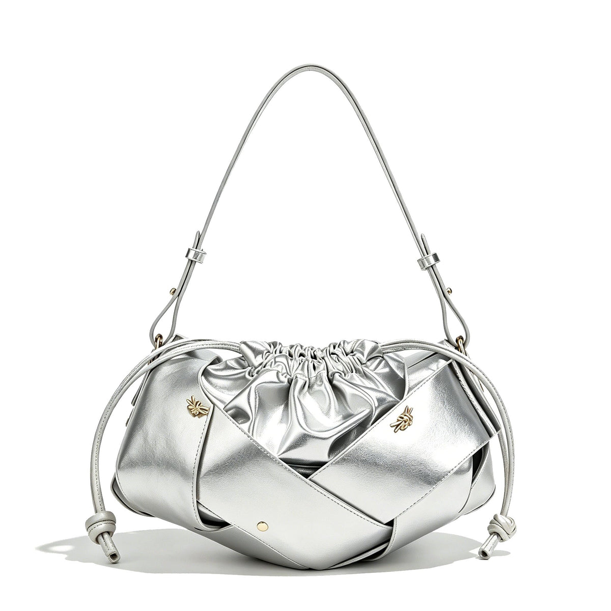 Ophlid Gold Drawstring Bag for Women Evening Bucket Purse Woven Pu Leather Hobo Handbag Cloud Clutch Purse Silver