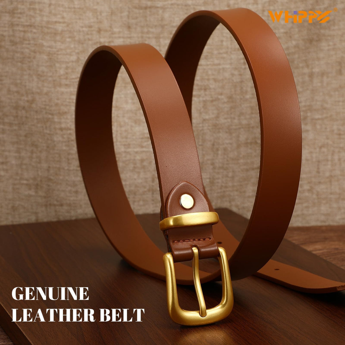 WHIPPY Womens Genuine Leather Belts for Jeans Pants Fashion Vintage Ladies Leather Belt with Gold Buckle, Cognac, S