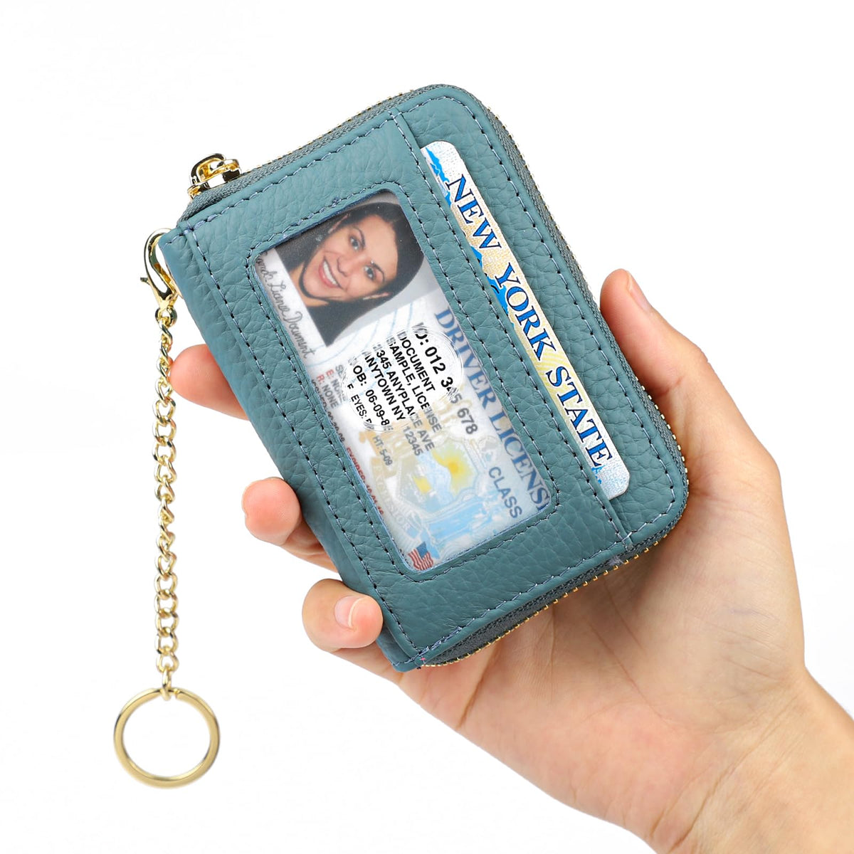 imeetu RFID Credit Card Holder, Small Leather Zipper Card Case Wallet with Keychain and ID Window for Women (Pro,Peacock Blue)